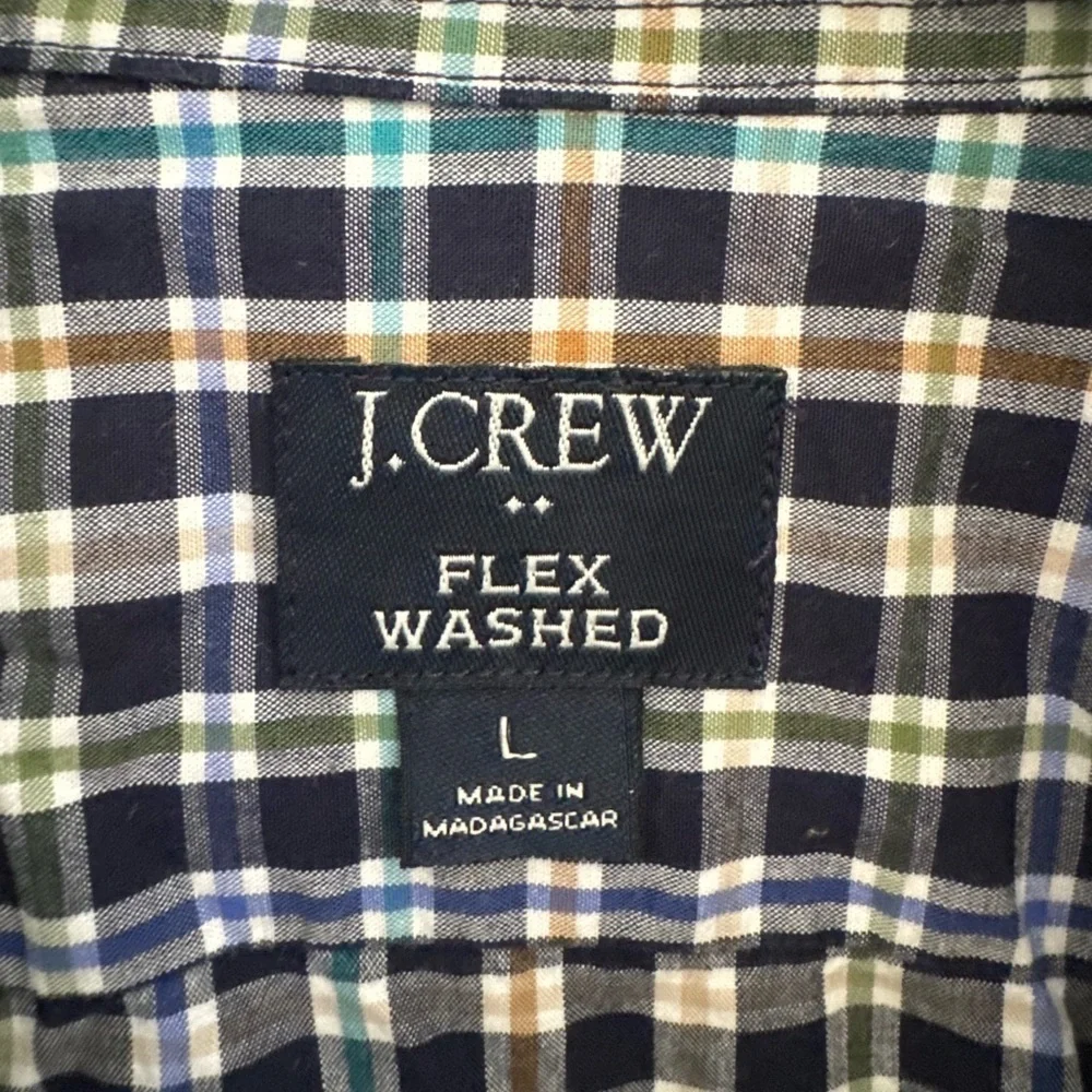 J.Crew Classic Flex Washed Button Shirt Blue Tan Check L Classic Preppy